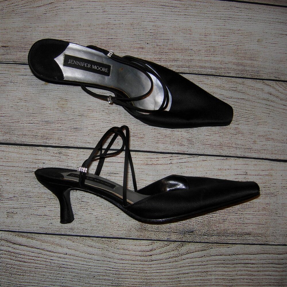 Jennifer Moore Black Strappy Heels Rhinestones 8.5